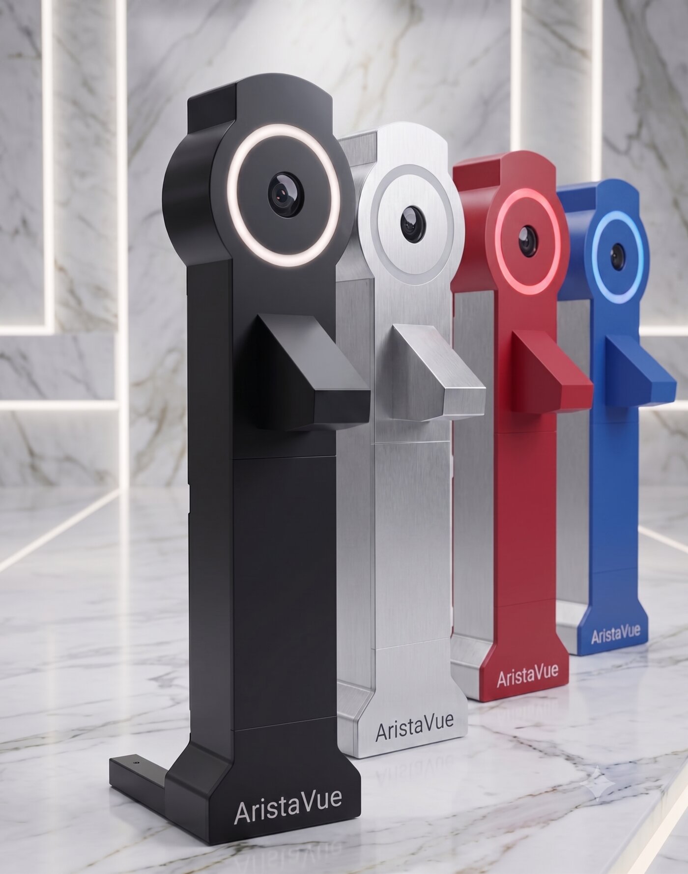 AristaVue checkout stations in black, white, red, and blue